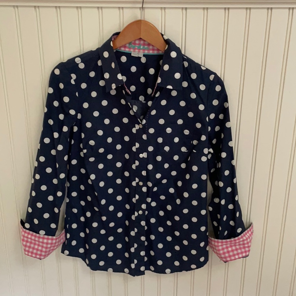 Boden Navy Polka Dot Button Front Shirt. Size 6.